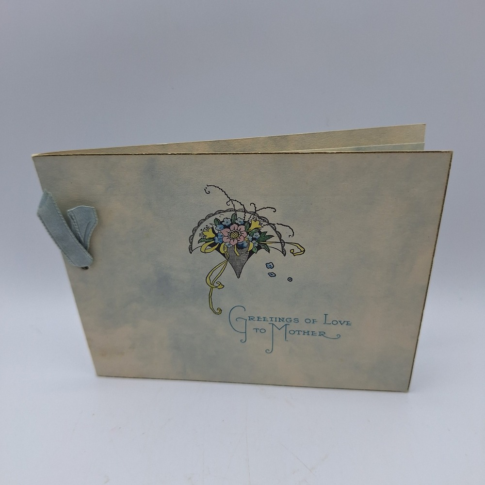 Vintage Mother Greetings of Love Card Floral Bouquet Ribbon Blue